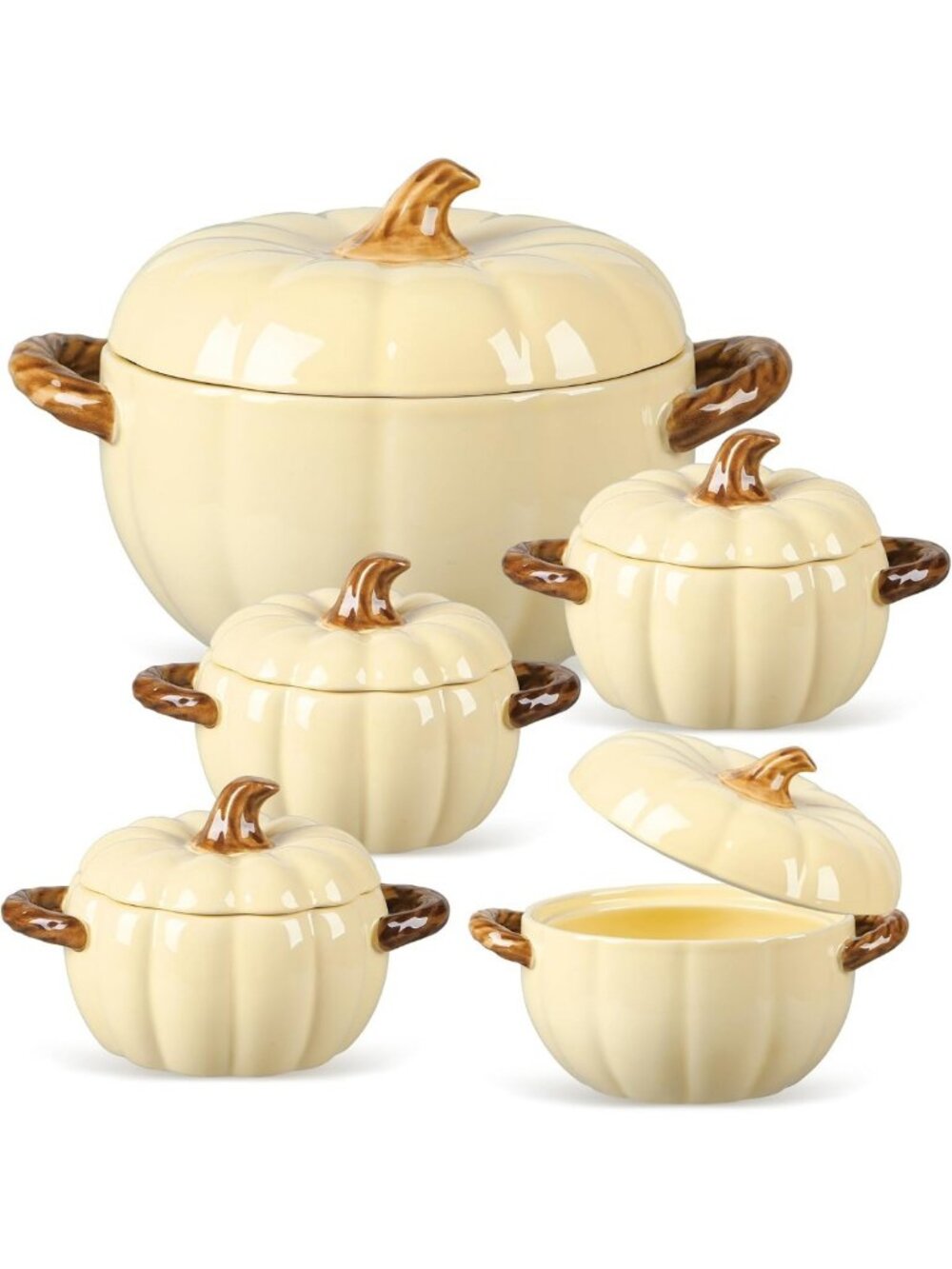 Set of 5 Ceramic Pumpkin Bowls with Lids & Handles - Cream & Yellow Fall Decor